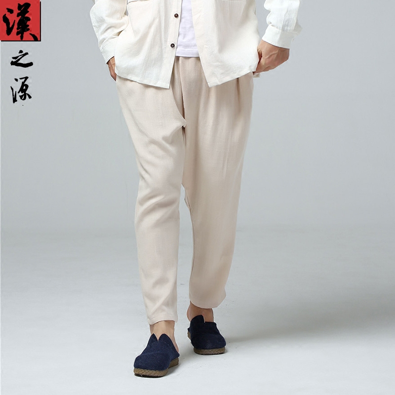 中国风男士修身纯色复古亚麻裤