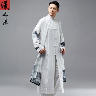 唐装 立领中式 演出长袍中国风禅意汉服 上衣古风男装 假两件棉麻长衫