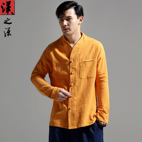 新款亚麻中国风连肩袖无领衬衣
