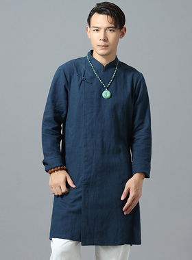 中式立领盘扣中长款男士唐装复古民族棉麻改良汉服居士服上衣偏襟