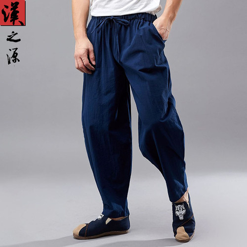 棉麻复古松紧腰中式哈伦休闲裤