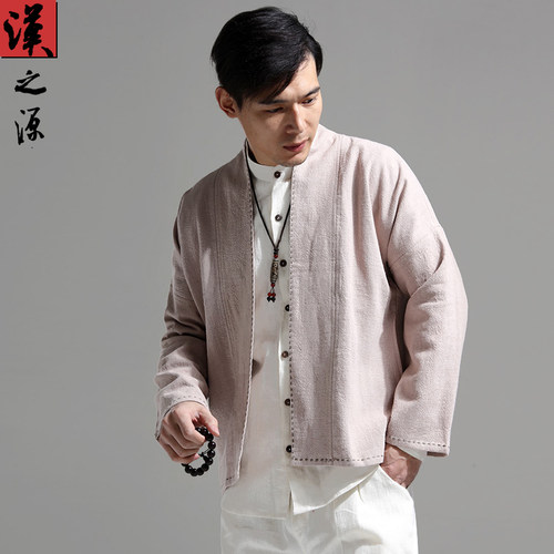 复古中国风亚麻长袖开衫男装中式
