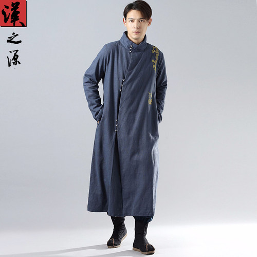 中国风加绒风衣男中长款刺绣苎麻长袍外套秋冬复古风立领宽松大衣