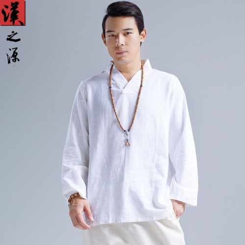 男士宽松中式复古棉麻长袖T恤