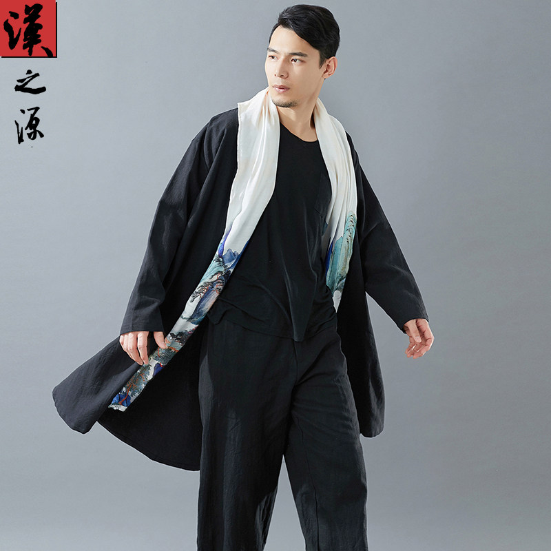 中国风印花苎麻风衣外套中长款开衫围巾领宽松男装休闲长袖披风潮