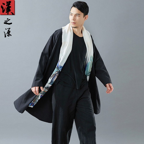 印花苎麻开衫围巾领长袖风衣外套