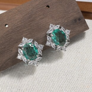 轻奢复古宫廷气质简约椭圆湖绿色人造宝石镶钻耳钉耳环耳饰耳夹