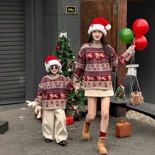 亲子装冬款新年过年拜年宝宝儿童加厚保暖毛衣一家三口全家装套装