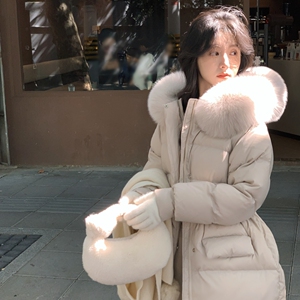 韩国东大门新款羽绒服女中长款狐狸大毛领加厚宽松泡芙收腰外套潮