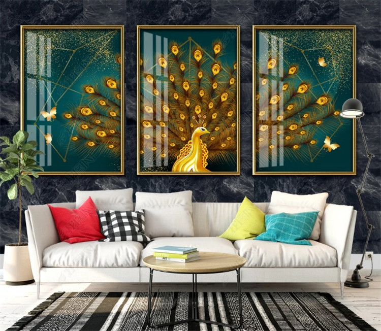 沙发背景墙挂画客厅装饰画现代简约轻奢卧室床头孔雀三联晶瓷画图片