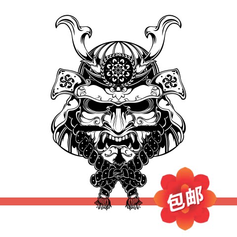日本鬼武士忍者面具鬼面具鬼脸纹身刺青馆图案装饰贴画壁画墙贴纸