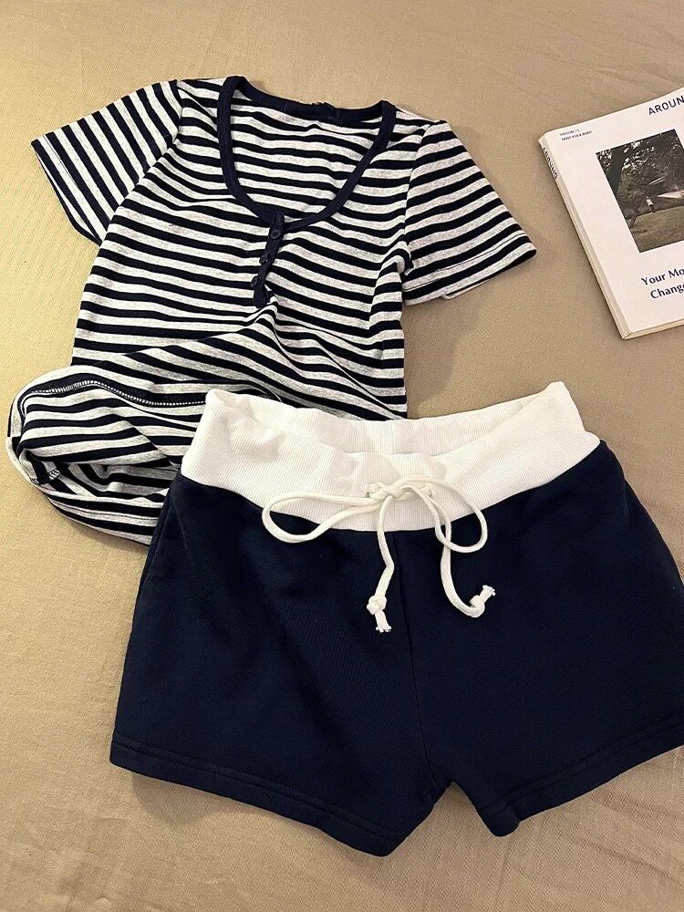 夏季女条纹胸垫家居服两件套