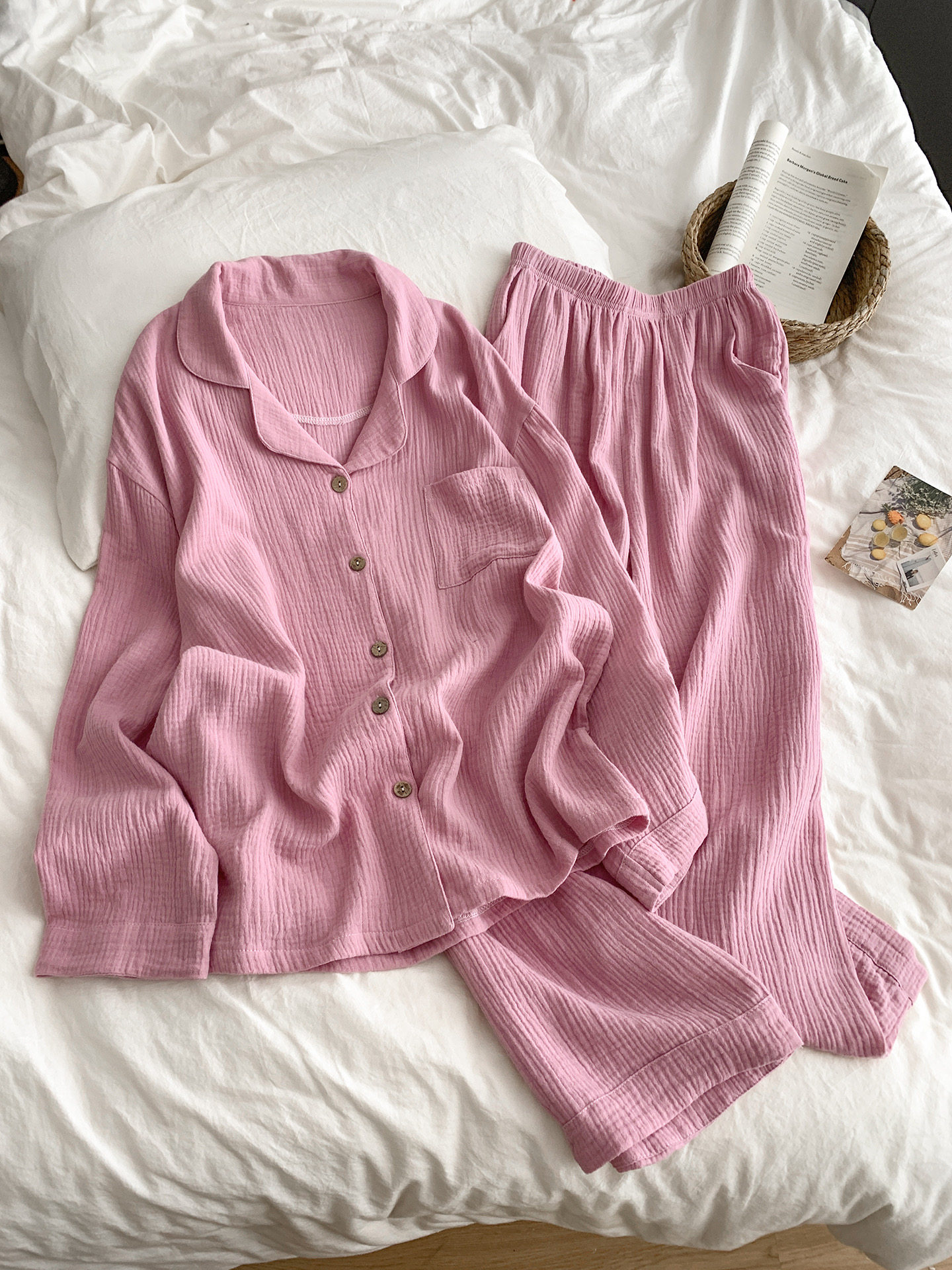 多色双层棉纱女开衫睡衣两件套