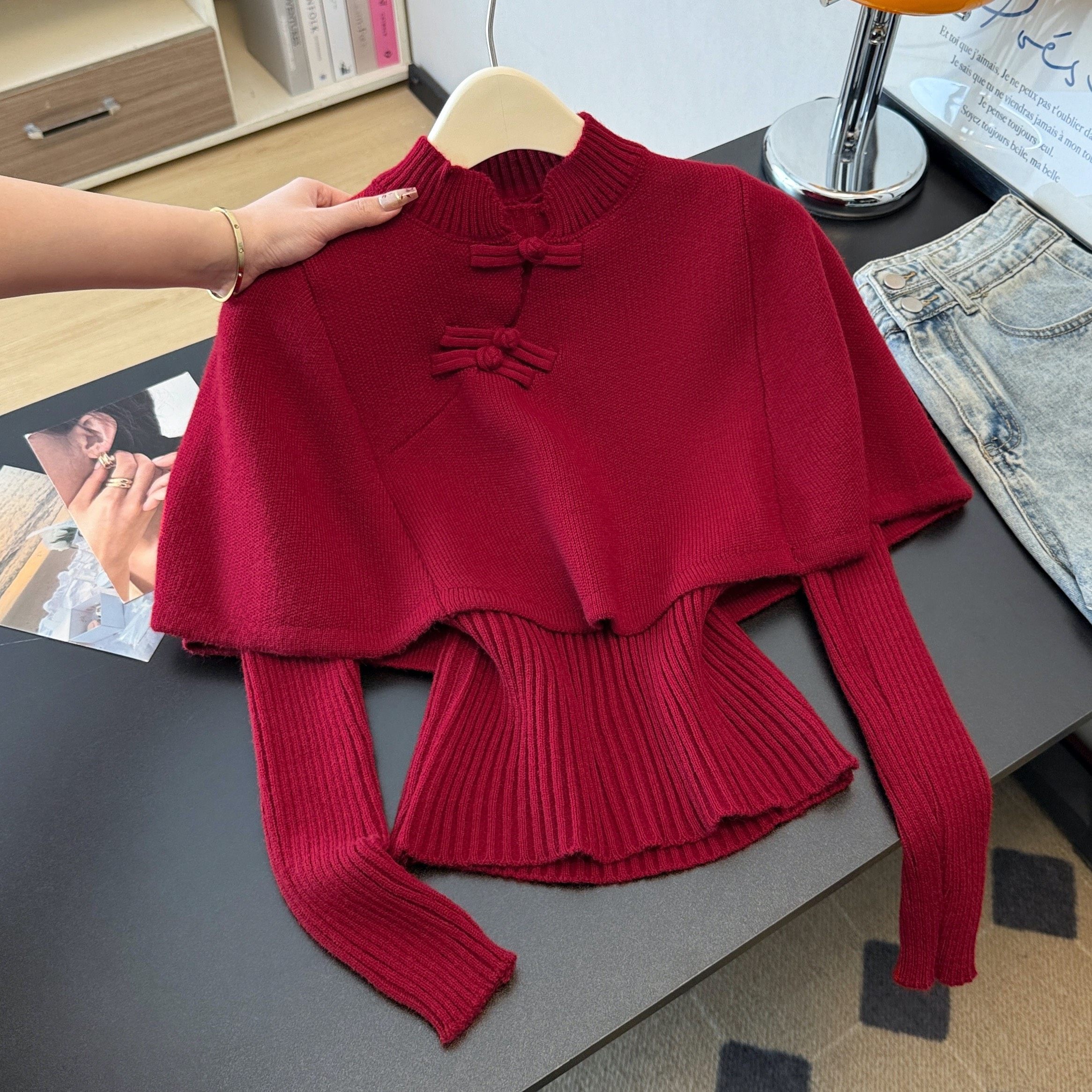 重工斗篷披肩针织衫女2026早春新款韩系修身长袖打底毛衣两件套,女装/女士精品,毛针织衫,淘宝优惠券,粉丝福利购,淘宝优惠卷