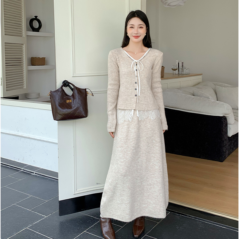 秋季新款纯欲甜辣妹蕾丝拼接假两件针织开衫上衣半身长裙两件套装