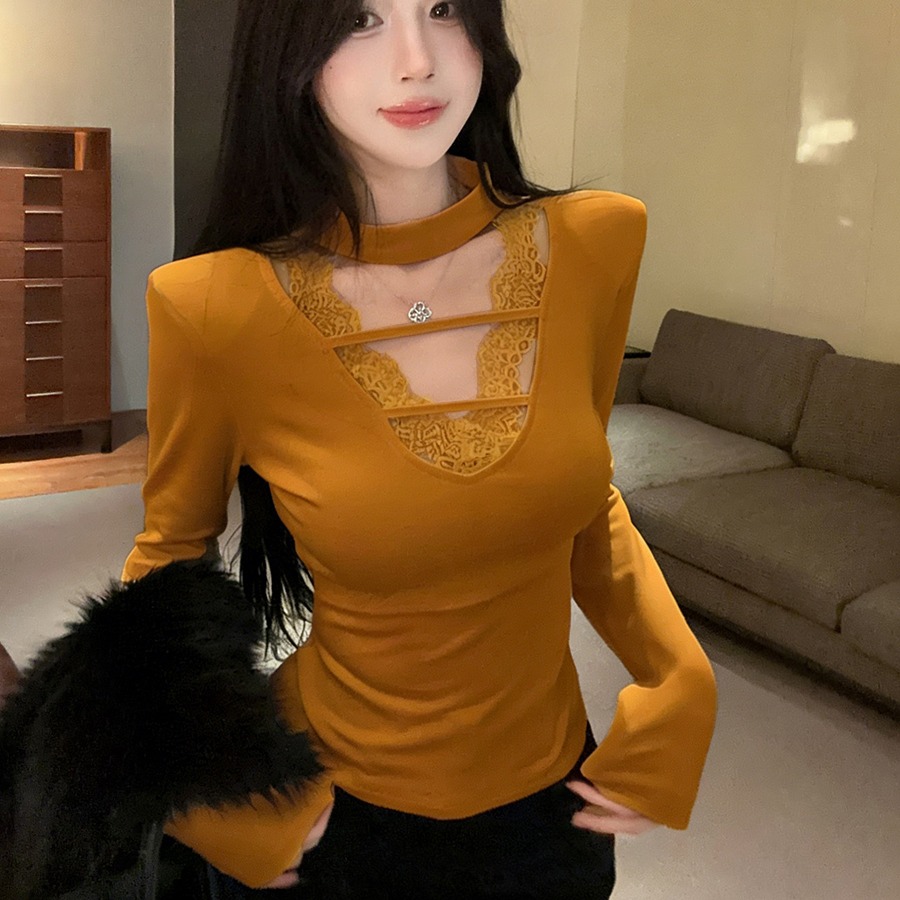 2025秋季新款辣妹纯欲Ｖ领蕾丝花边内搭挂脖设计收腰气质打底衫女