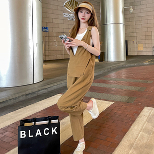 夏装2025俏皮活泼女装盐系穿搭炸街可爱甜辣风奶系背带裤两件套装