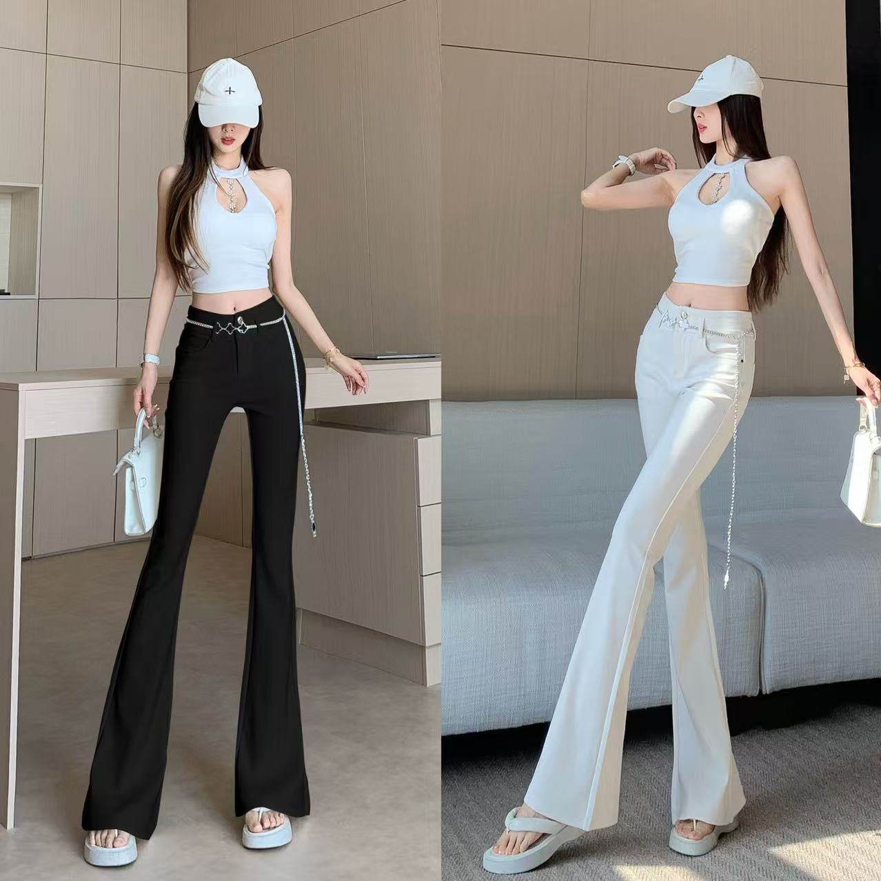 米白色腰链微喇裤女2026春季新款高腰显瘦垂感修身时尚休闲拖地裤,女装/女士精品,休闲裤,淘宝优惠券,粉丝福利购,淘宝优惠卷