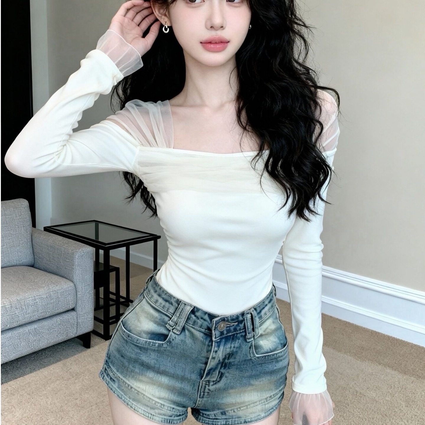 2026春款网纱拼接方领长袖T恤女绝美巨好看打底上衣,女装/女士精品,T恤,淘宝优惠券,粉丝福利购,淘宝优惠卷