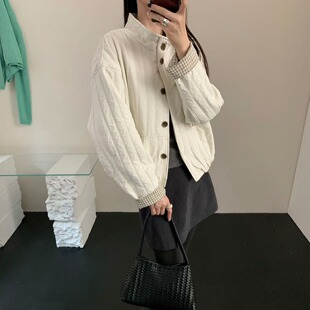 2025秋冬新款立领单排扣宽松百搭袖口拼接格纹白色棉服外套