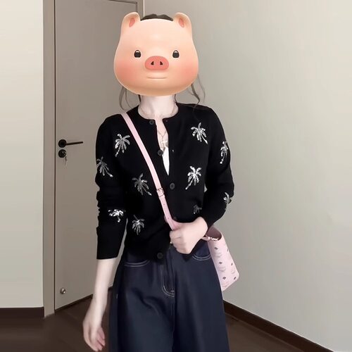 韩系小众货源黑色亮片刺绣针织衫开衫女秋季修身圆领长袖上衣毛衣