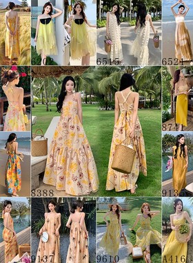 三亚海边度假黄色沙滩裙女夏法式复古显瘦长裙性感露背吊带连衣裙