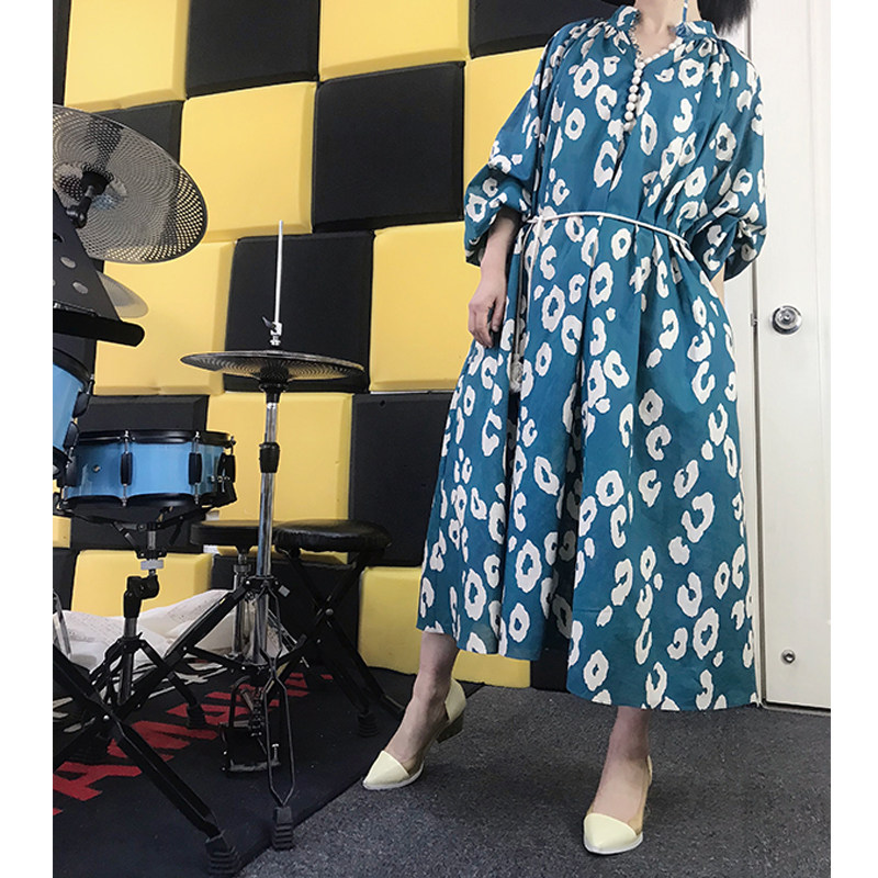绣绣天原创春秋孔雀蓝豹纹棉质长袖宽松系带长款套头衬衫裙连衣裙
