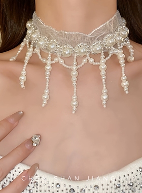 「嗔三酱」网纱珍珠流苏时尚项链法式复古宫廷风颈链轻奢感项饰女