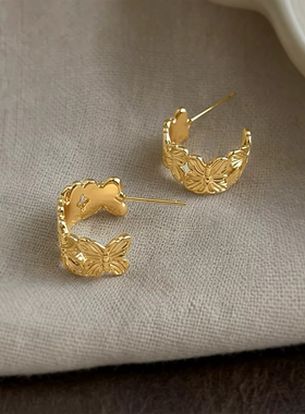 复古金色蝴蝶耳钉简约百搭