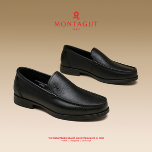 梦特娇男士商务皮鞋春季英伦风一脚蹬黑色正装鞋工作上班公务男鞋