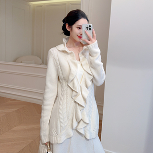白色山羊绒开衫 100%山羊绒针织荷叶边立领长袖 嫚渡