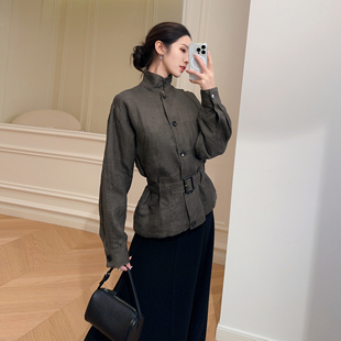 嫚渡|100%亚麻LP老钱风翻领长袖轻奢腰带显瘦单排扣亚麻外套