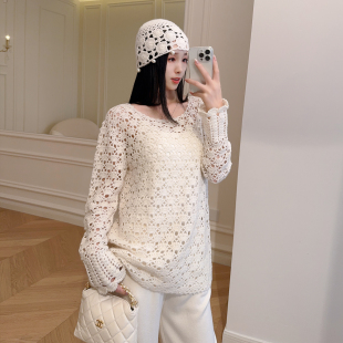 宽松白色针织羊绒衫 嫚渡 轻奢圆领长袖 镂空钩花法式 100%山羊绒