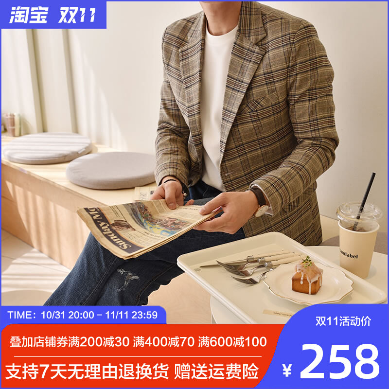 春秋格子西装外套男港风复古休闲西服