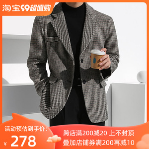 男士西服上衣小西装外套羊毛休闲千鸟格毛呢大衣男款短款呢子冬季