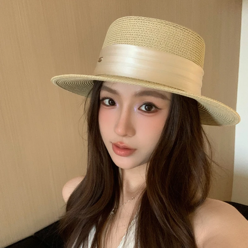 韩系平顶礼帽女春季复古百搭宽檐草帽显脸小百搭遮阳防晒草编帽潮