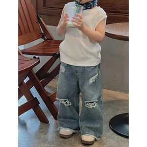 新款儿童夏季套装2026裤子破洞痞帅风牛仔裤薄款宽松拖地设计感