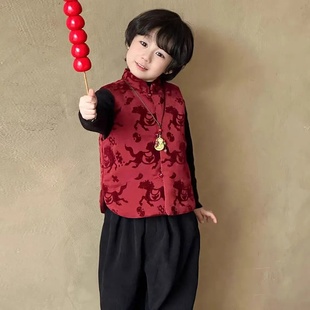 2026马年汉服男童新中式夹棉马甲冬装儿童红色马上有钱宝宝拜年服