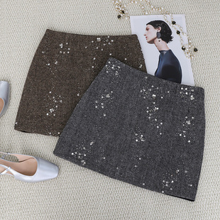 2026春轻熟通勤风高腰重工刺绣亮片A字半身裙女显瘦百搭大码短裙