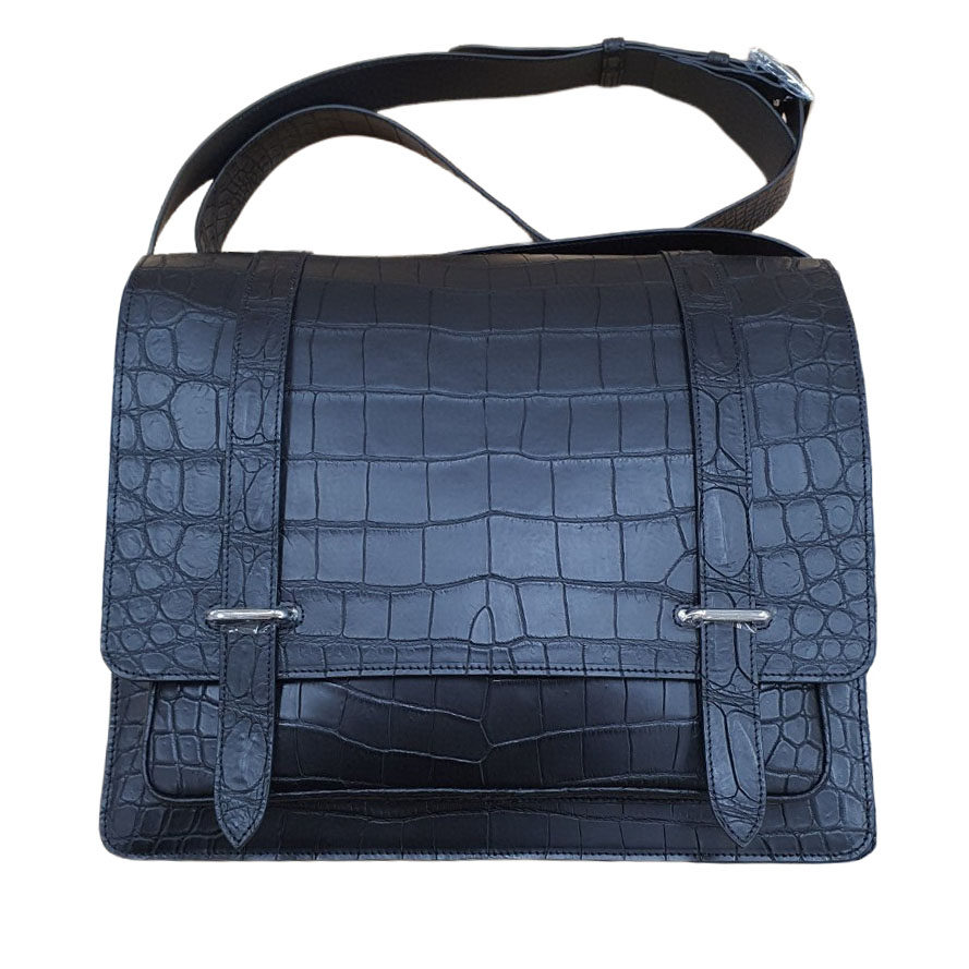 大号斜挎包黑色鳄鱼皮横款男包大容量潮时尚百搭商务休闲单肩包