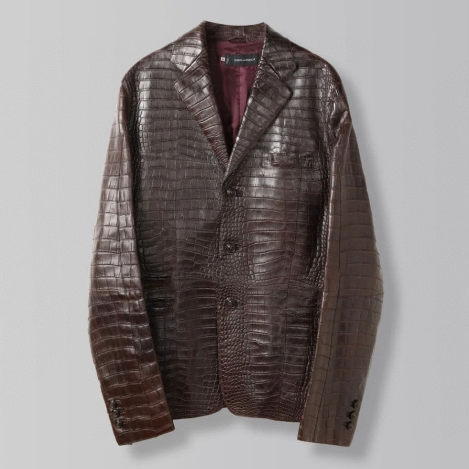 2026新款真皮皮衣男短款西服咖啡色湾鳄鳄鱼皮夹克修身西装外套