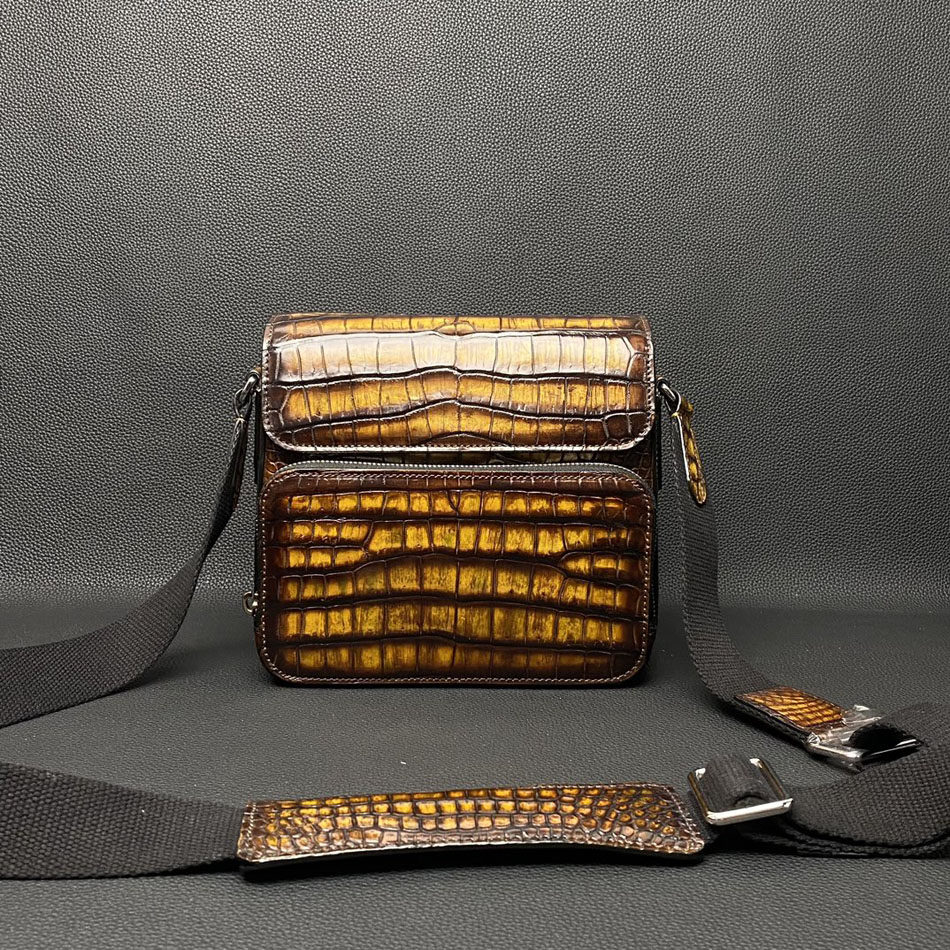 新款擦色鳄鱼皮男包大容量相机包时尚商务高档休闲真皮单肩斜挎包