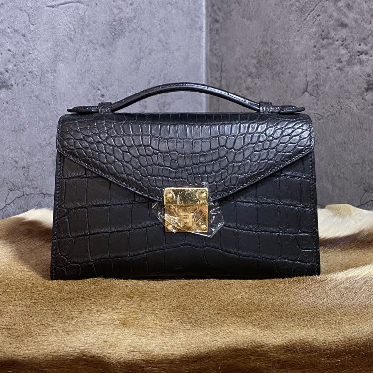 雾面黑色尼罗鳄鳄鱼皮女包新款邮差包手提斜挎包真皮高级感小方包