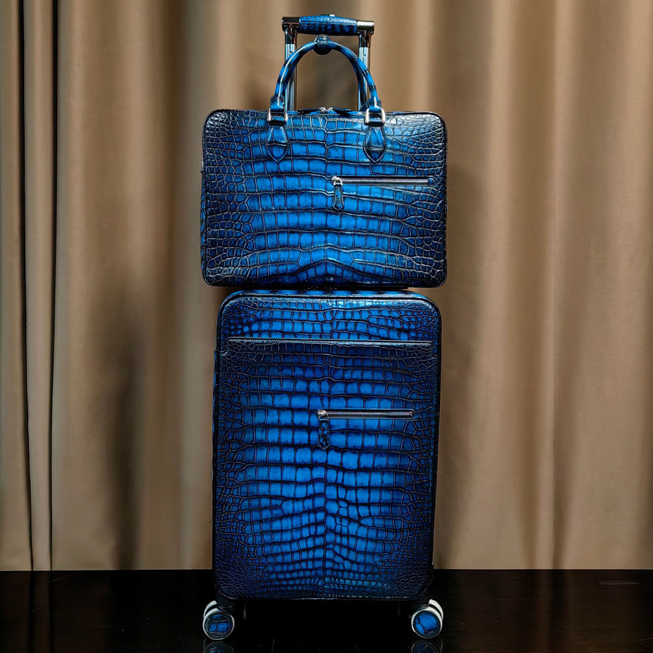 擦色鳄鱼皮公文包男士拉杆箱套装真皮商务万向轮20寸旅行箱登机箱