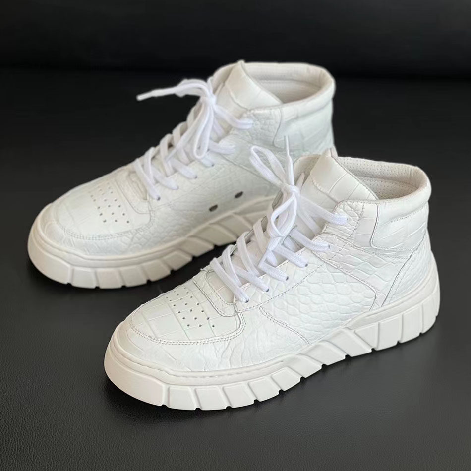 马丁靴男款秋冬季中帮休闲男士靴子机车皮靴白色鳄鱼皮复古工装靴