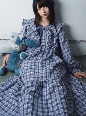 外贸日单 亏本处理 秋季新品少女日系荷叶领蝴蝶结格纹长袖连衣裙