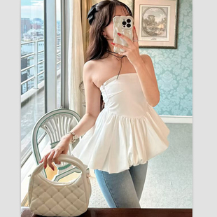tw1167 断色清仓 抹胸上衣 褶边灯笼袖 外贸日单