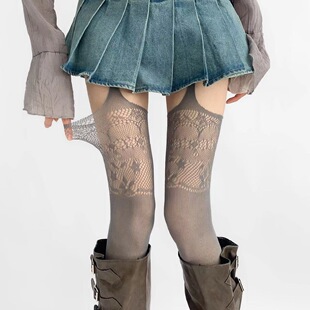 春夏网红性感****黑丝渔网镂空吊带袜复古提花H608纯欲个性 打底袜
