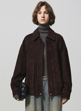 GHJOD studio 进口西班牙羊反绒麂皮复古老钱风真皮皮夹克外套女