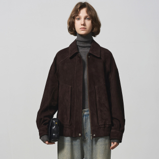 GHJOD 进口西班牙羊反绒麂皮复古老钱风真皮皮夹克外套女 studio